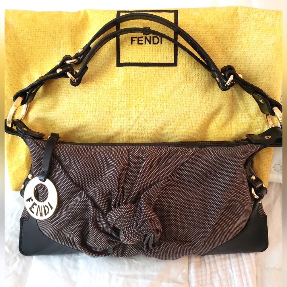 Fendi knotted canvas Baguette 12x6 Authentic